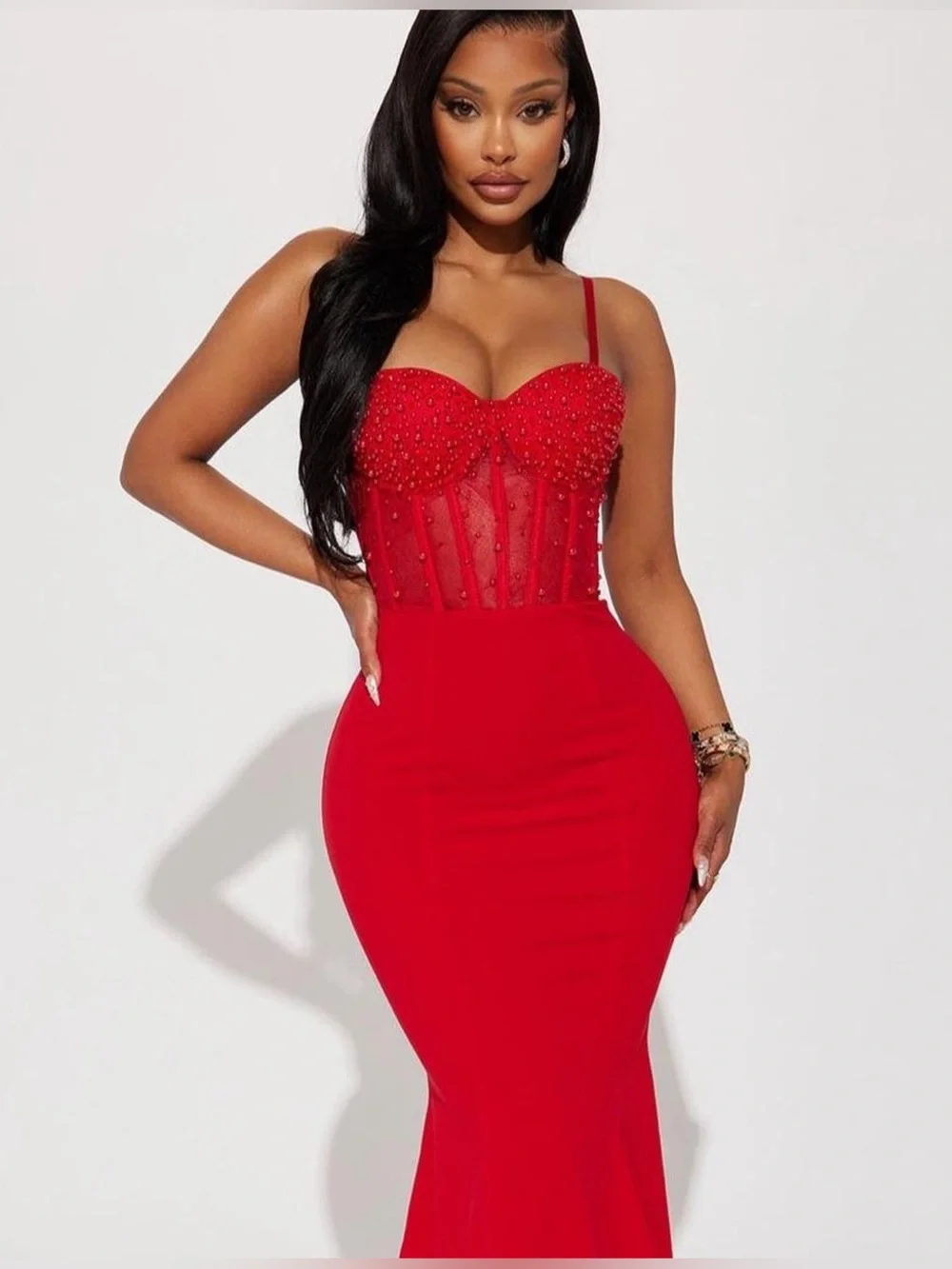 Red Beaded Corset Mermaid Evening Dress